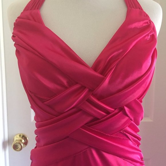 Fuchsia Pink Halter Satin Prom Dress - Picture 5 of 13